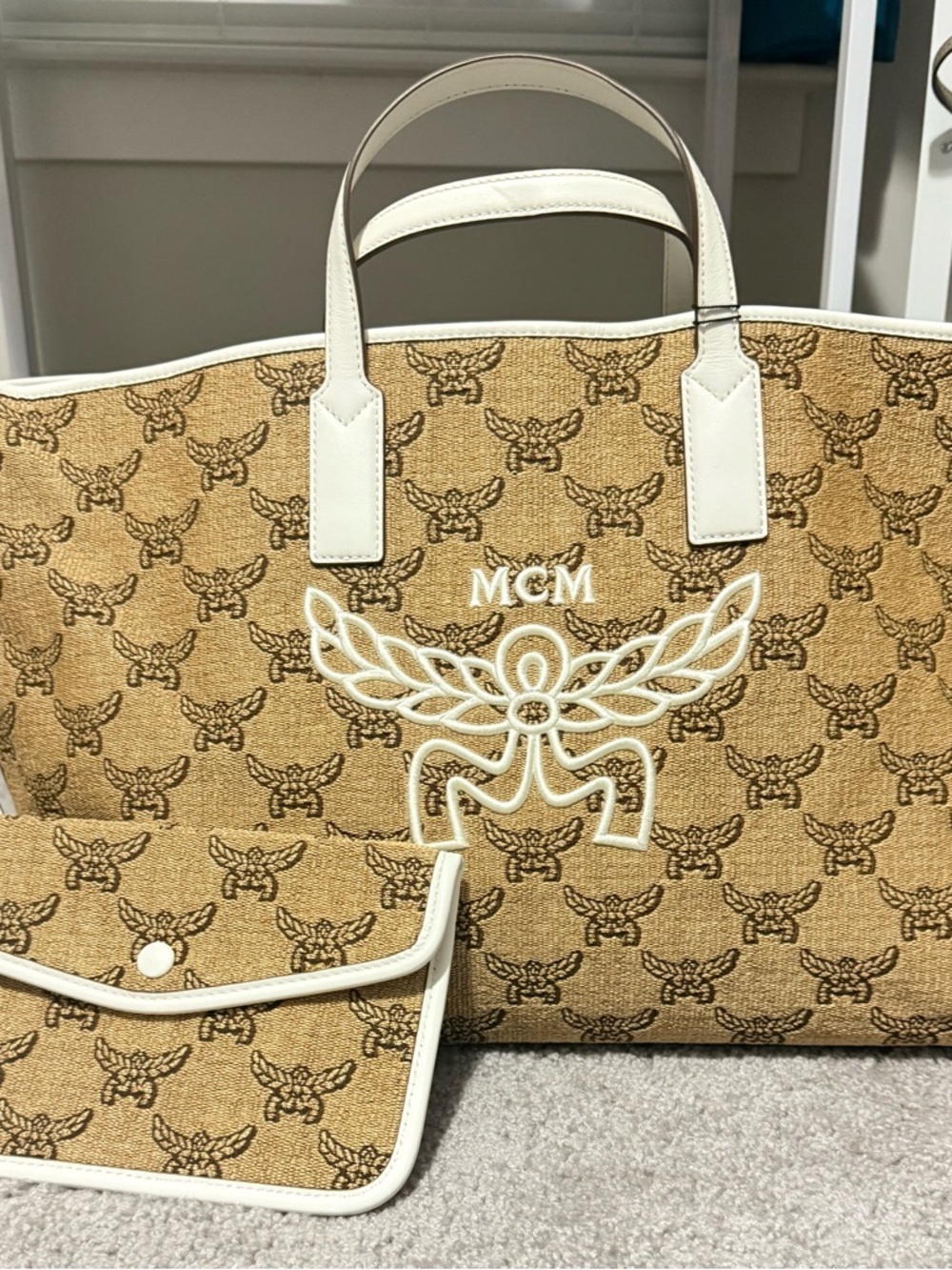 MCM Tan Logo Tote with White Trim and Pouch